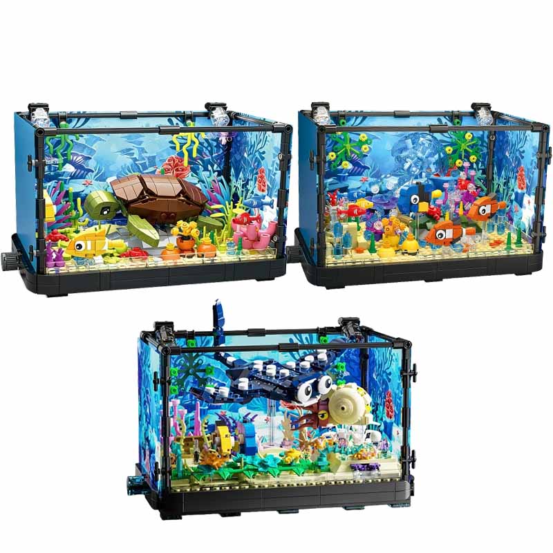 Marine Fish Tank - Aquarium-Baustein-Set mit Licht, Aquarium, Meeresschildkröte, Baustein-Spielzeug